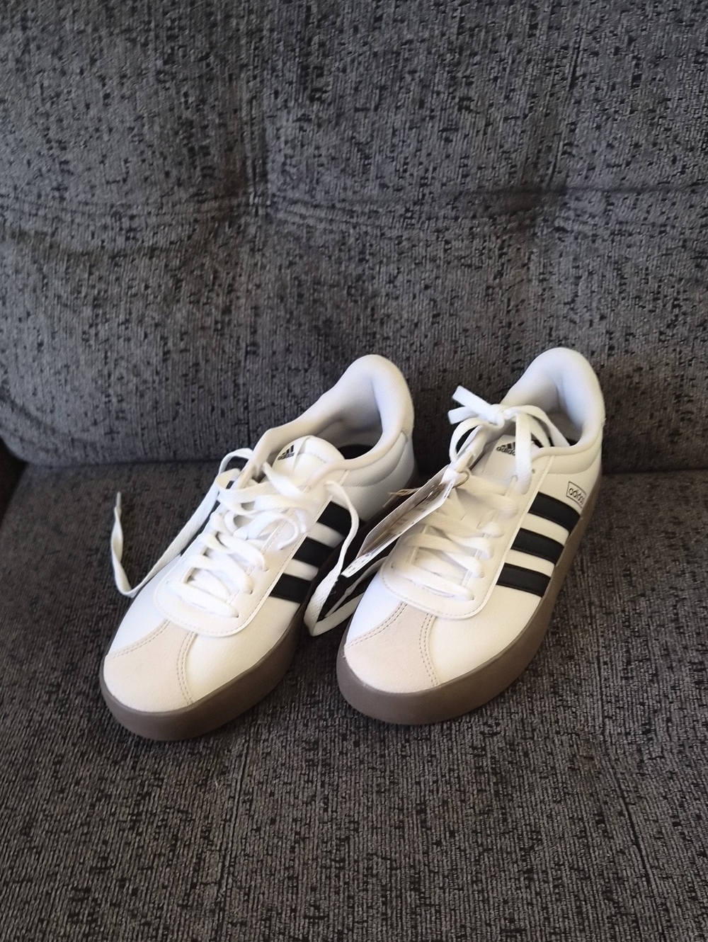 adidas White Sneakers with Black Stripes and Gum Sole
